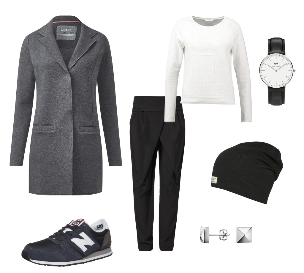 grauer Mantel, weißer Pulli, schwarze Stoffhose, Sneaker, Ohrstecker, Mütze, Uhr