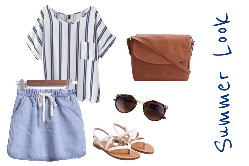 Look 1: Leichte Bluse, entspannter Jeansrock, flache Sandalen und Leo-Sonnenbrille