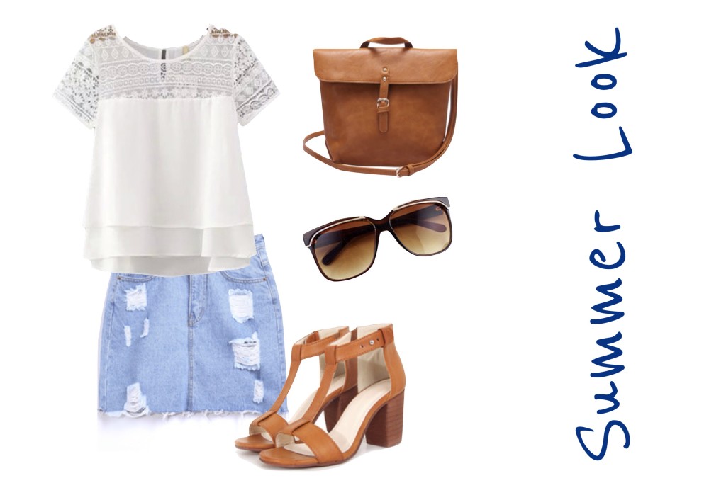 Look 2: süße Sommerbluse mit rippet Denim Rock, hohen Sandalen und lässiger Tasche in braun