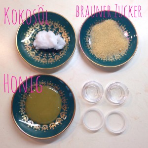 Zutaten für das DIY Lush Lippenpeeling: Kokosöl, Zucker, Honig 