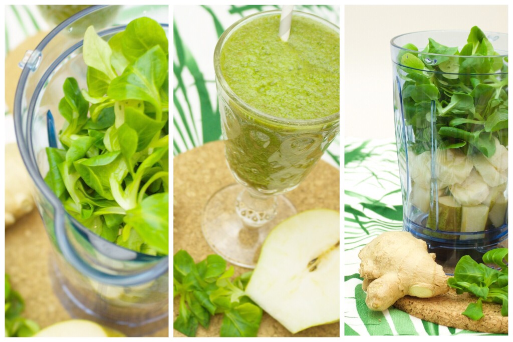 Nahaufnahme grüner Smoothie: Rezept mit Feldsalat, Birnen, Banane, Ingwer, Honig, Zimt 