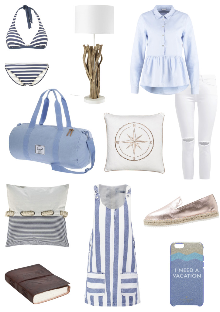 Maritime Inspirationskollage: Outfit, Wohn Dekoration, Taschen, Schuhe und mehr