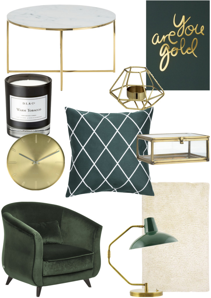 Collage inspiration sunday: favorite interior trends - gold, grün und samt