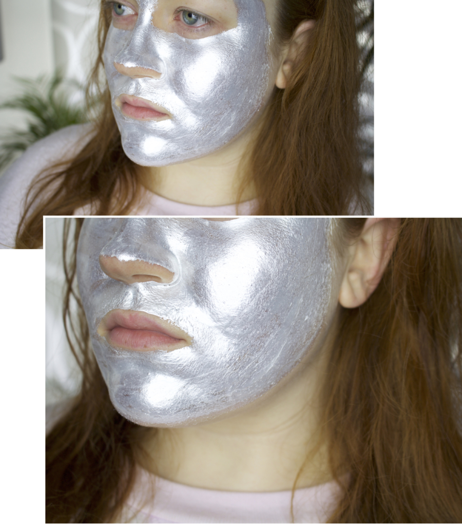 So sieht die silberne Maske aufgetragen aus: Im Test: "GravityMud Firming Treatment" von GLAMGLOW - Beauty Blog Leipzig