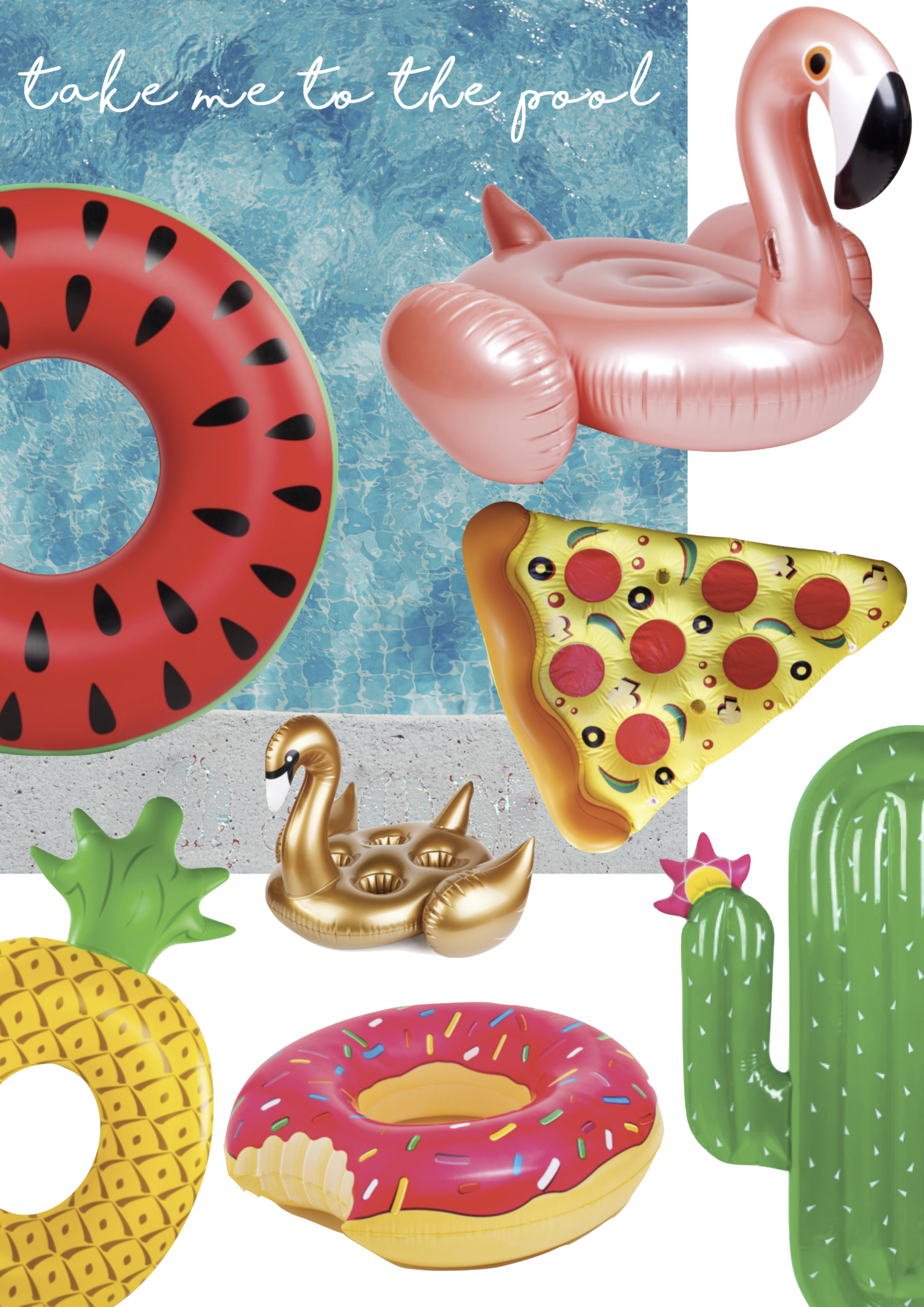 Shopping Collage mit den witzigsten und coolsten Schwimmringen, Luftmatratzen und Badeinseln für den Pool - Poolspielzeug für Erwachsene - Flamingo Badeinsel, Melonen Schwimmring, Donut Schwimmring, Pizza Luftmatratze, Katus Luftmatratze und Co.