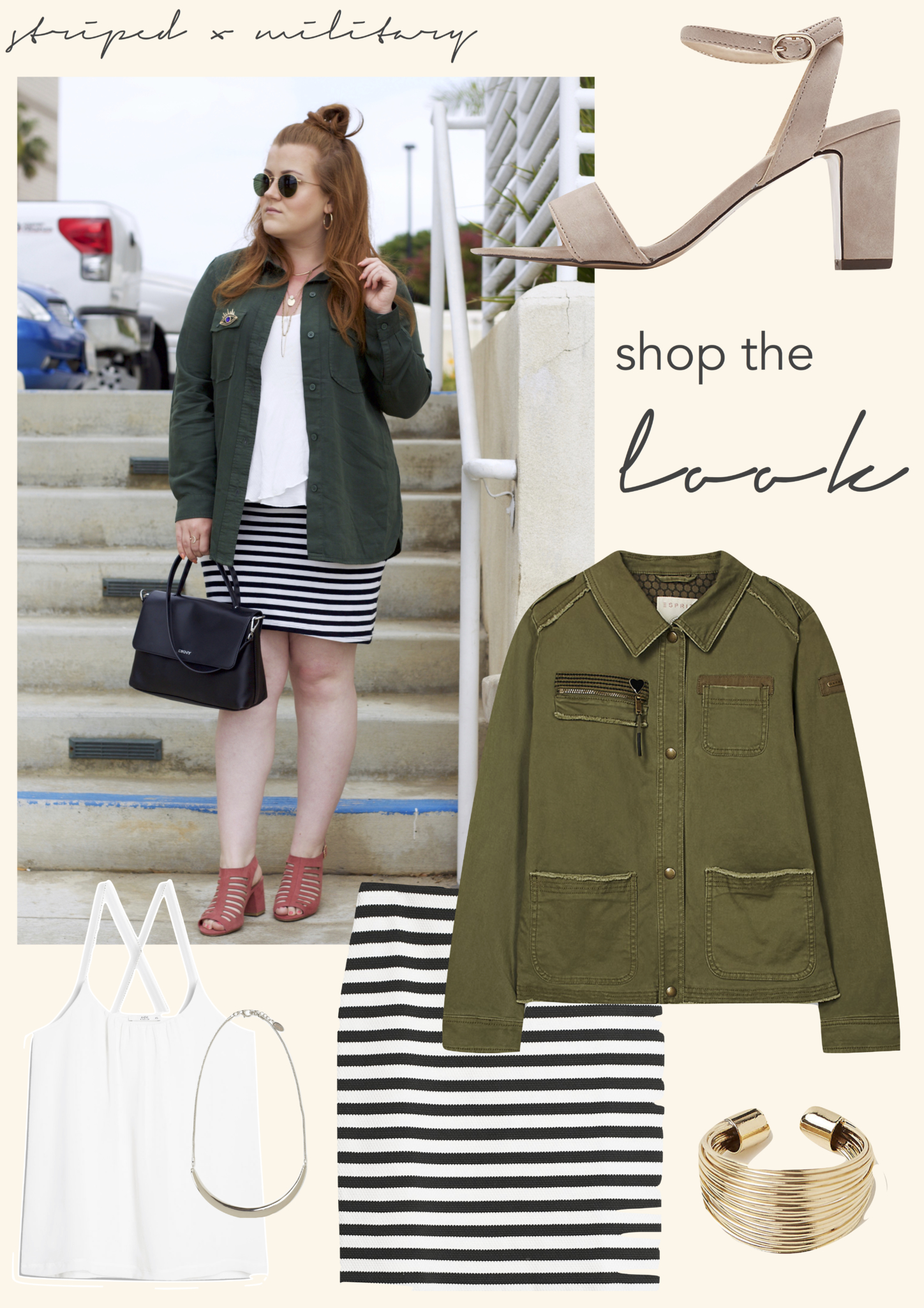 Shop the look Collage - Sommer Outfit richtig kombinieren im Sommer: gestreifter Rock und grünes Militärhemd - fashion Blog Leipzig 