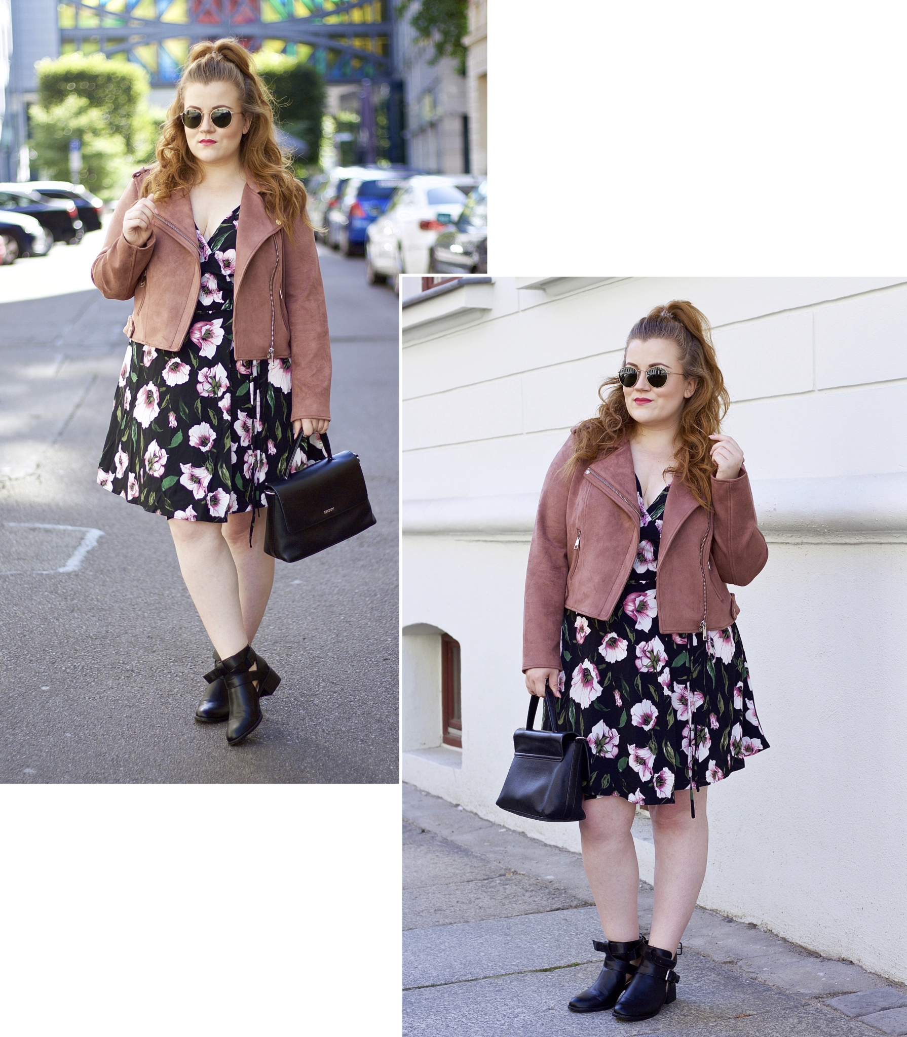  Fashion Blogger Outfit Inspiration: Wickelkleid von Asos trifft auf rosa Biberjacke von River Island - Look