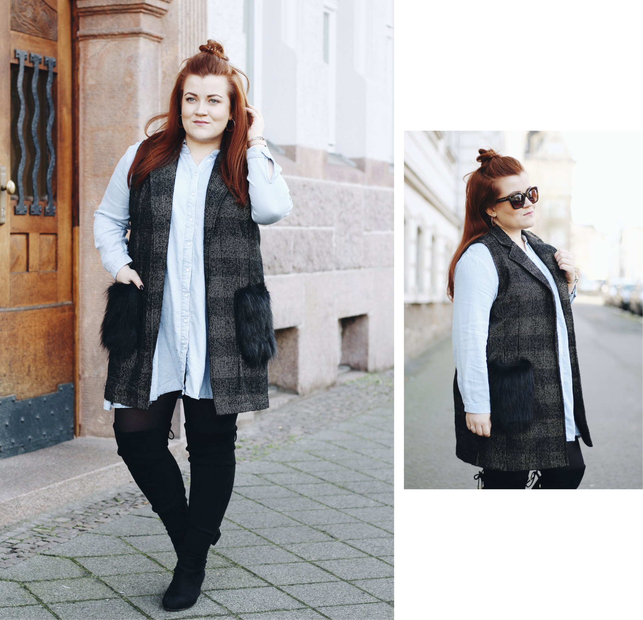 Collage mit Outfit-Details: Outfit Inspiration: So trage ich lange Westen mit Fake Fur - Kunstfell - Fashion Blog aus Leipzig