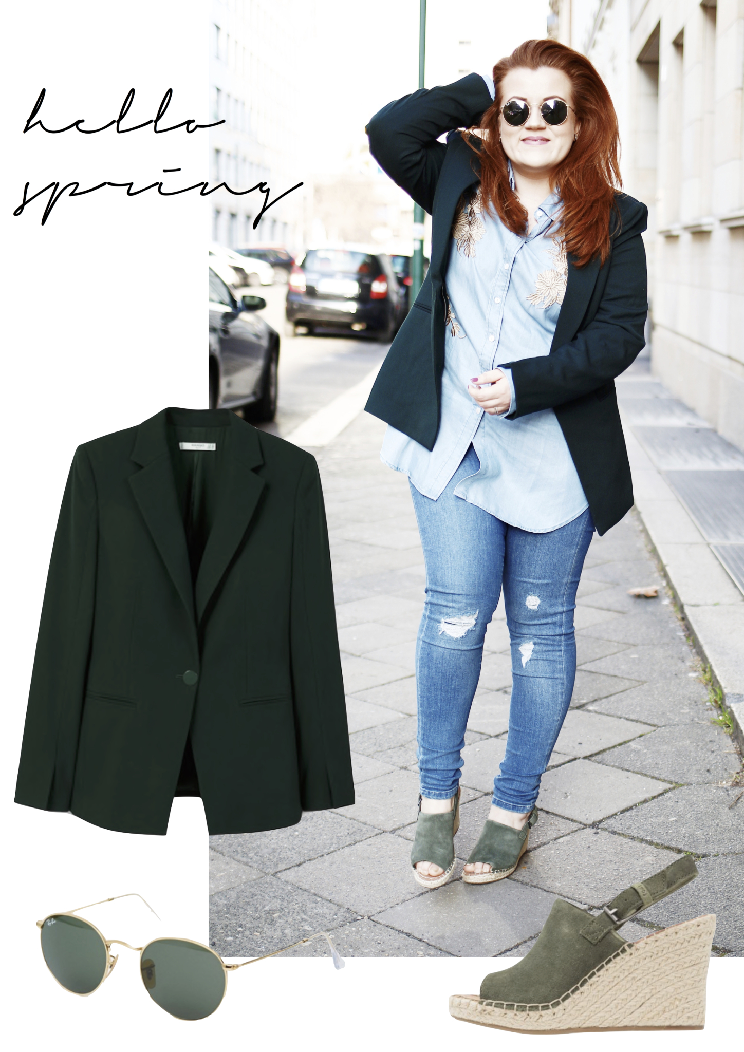 Outfit Collage mit Frühlings-Look. Outfit Inspiration für den Frühling: Grüner Blazer trifft auf Blaues Denim - Fashion Blog Leipzig