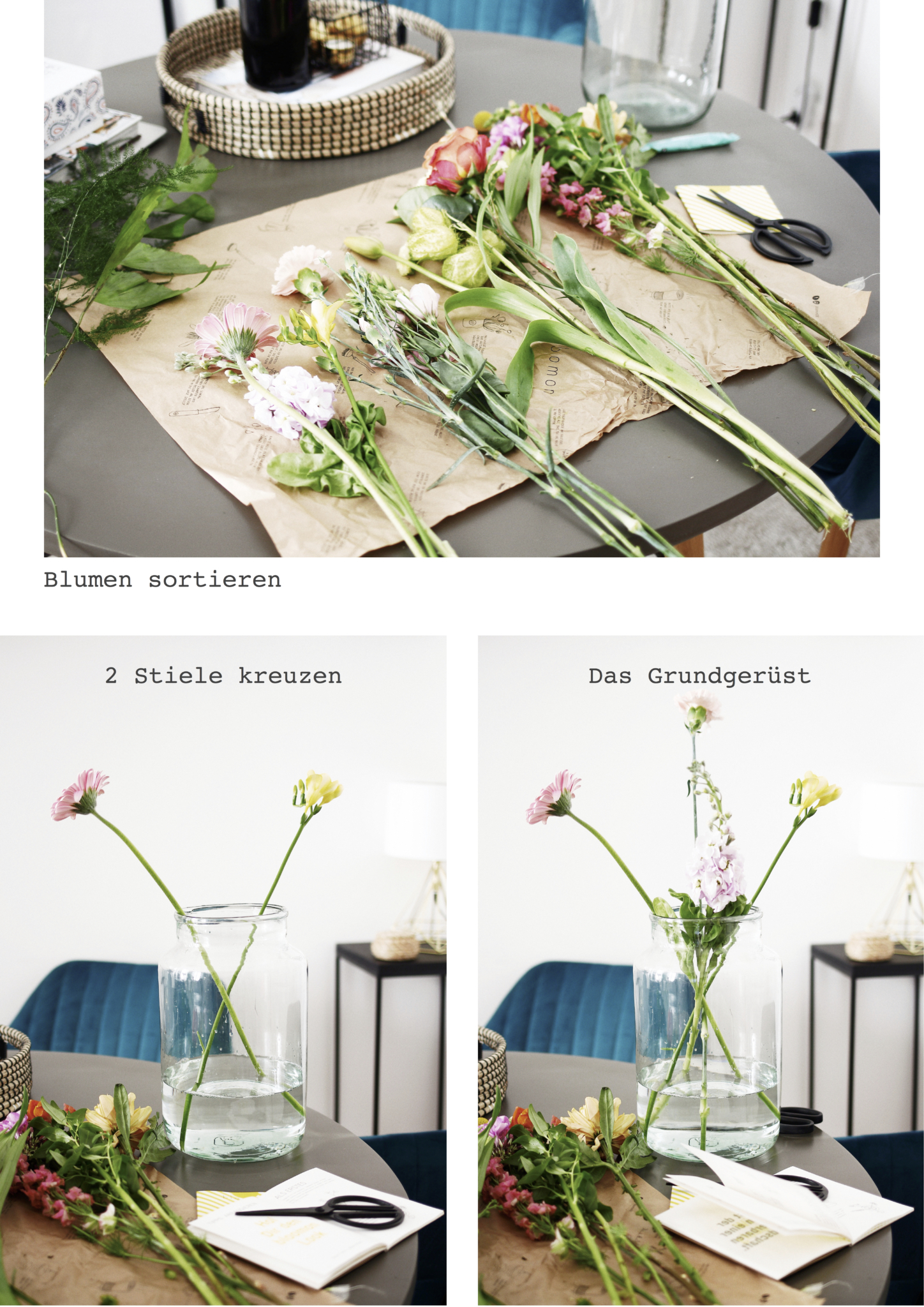 Collage mit der Schritt für Schritt Anleitung, wie man einen Blumenstrauß bzw. ein stillvolles Bouquet selber arrangieren kann - von der Lifestyle Bloggerin Daniela Raboldt