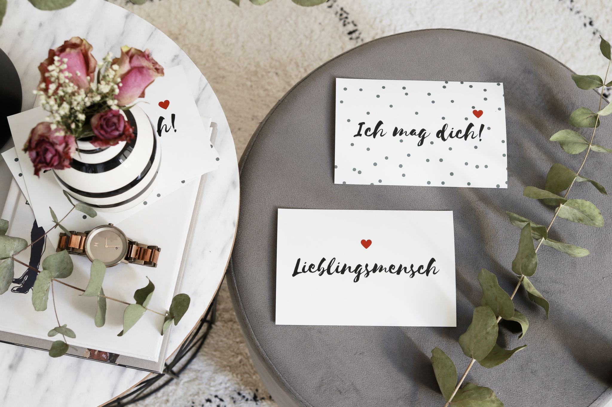 Hübsche Valentinstagskarten zum Gratis-Download "Lieblingsmensch" und "Ich mag dich!" - minimaoistisches Design für Verliebte